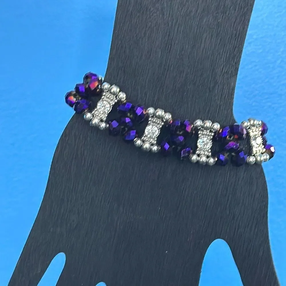 Purple Glass Bead Stretch Bracelet Faux Silver & Diamond Accents
